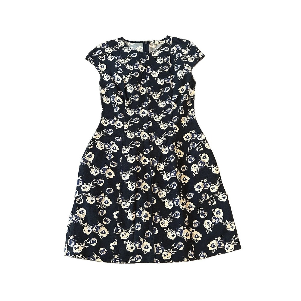 Gap Linen Cotton Womens Floral Cap Sleeve Dress 2 Blue White Secretary Preppy